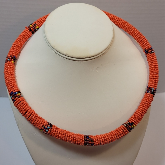 Beaded Necklace Ethnic Boho Masai Massai in Orange - Picture 4 of 7